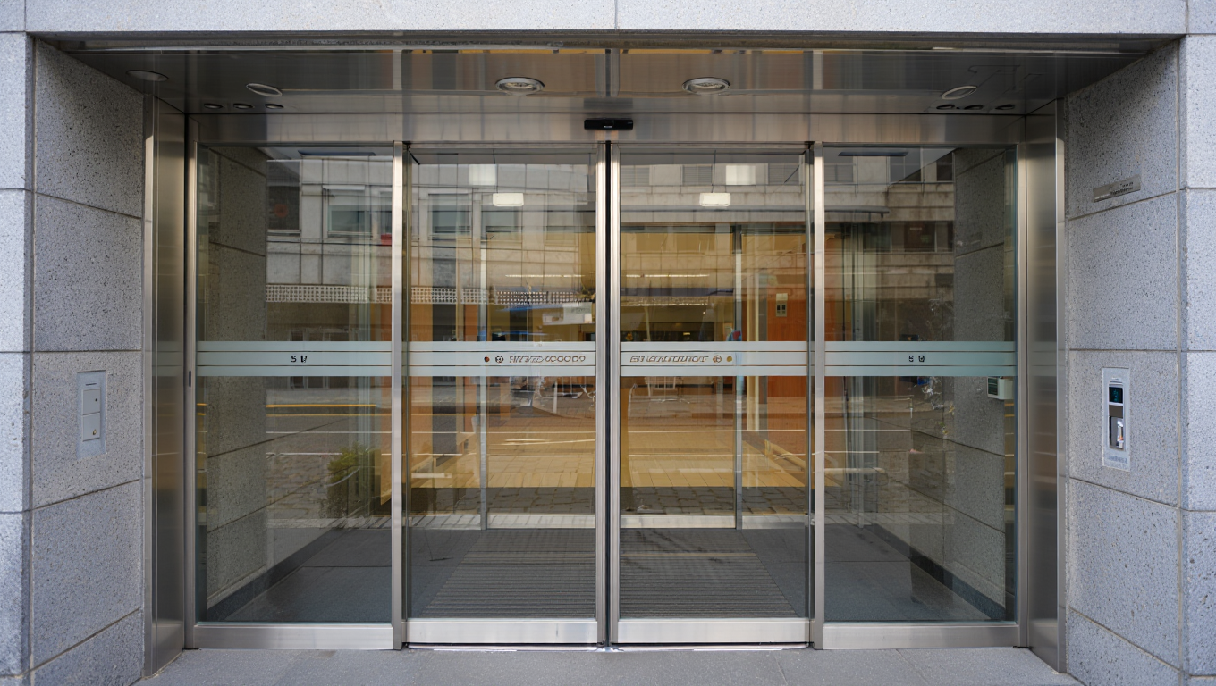 Office building entrance doors and lobby access systems