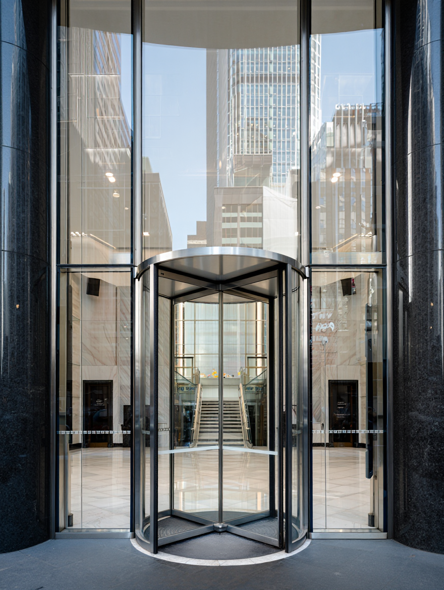 Revolving door installed in a modern commercial building lobby in New York City