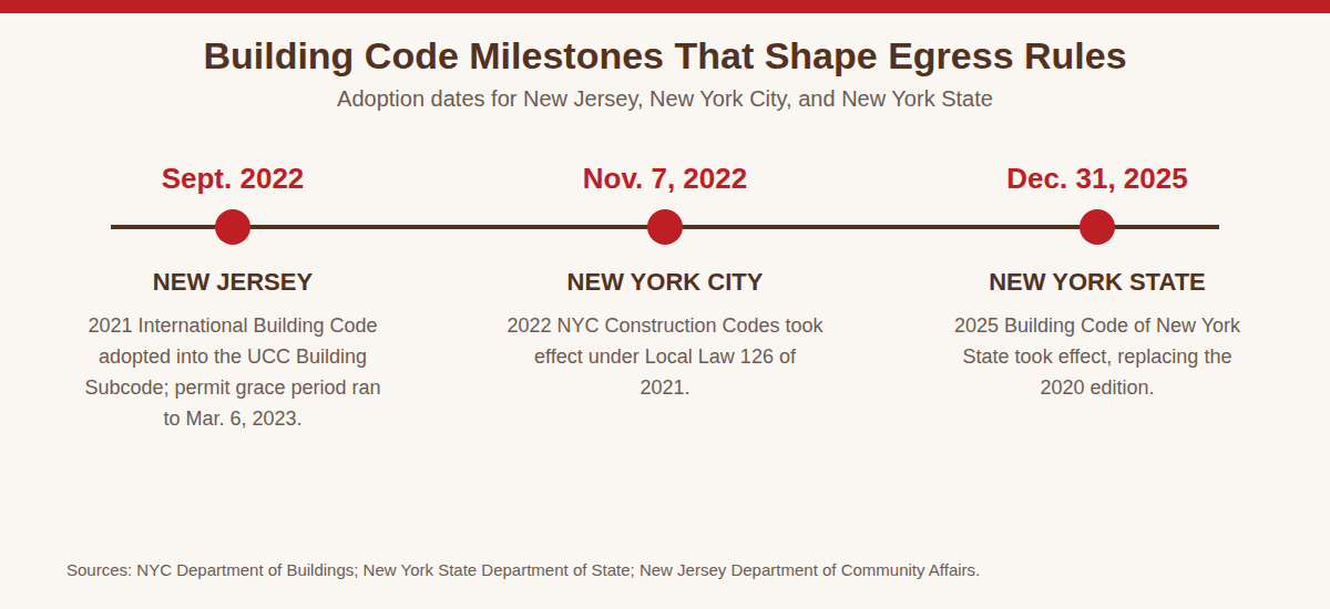 Timeline of building code milestones: New Jersey adopted the 2021 IBC in September 2022, New York City's 2022 Construction Codes took effect November 7, 2022, and the 2025 Building Code of New York State took effect December 31, 2025