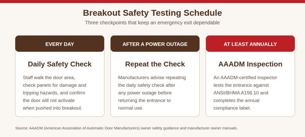 Three-step schedule for breakout safety testing: a daily safety check, a repeat check after any power outage, and an inspection by an AAADM-certified inspector at least annually