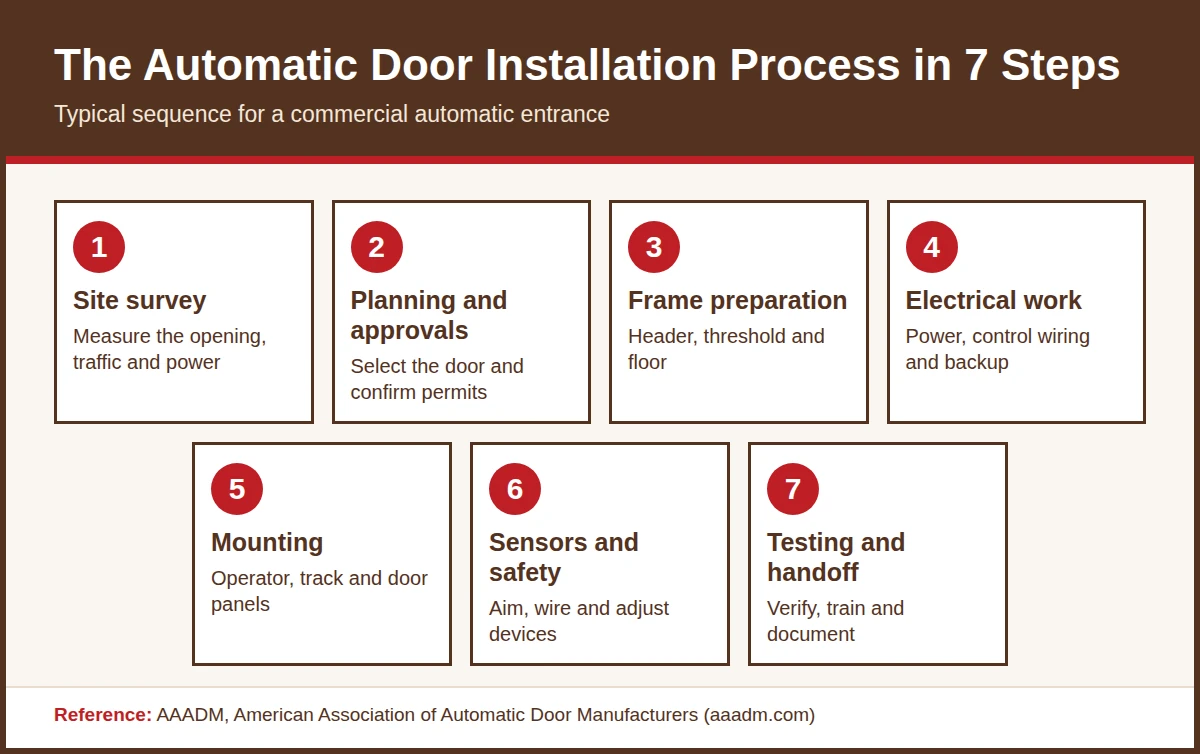Seven step infographic of the automatic door installation process from site survey to testing and handoff